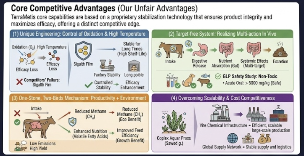 Core Competitive Advantages (Our Unfair Advantages) — four-quadrant infographic: (1) unique engineering controlling oxidation and high temperature, (2) target-free multi-action in vivo with GLP non-toxic safety, (3) one-stone two-birds mechanism for productivity and environment, (4) overcoming scalability and cost competitiveness.