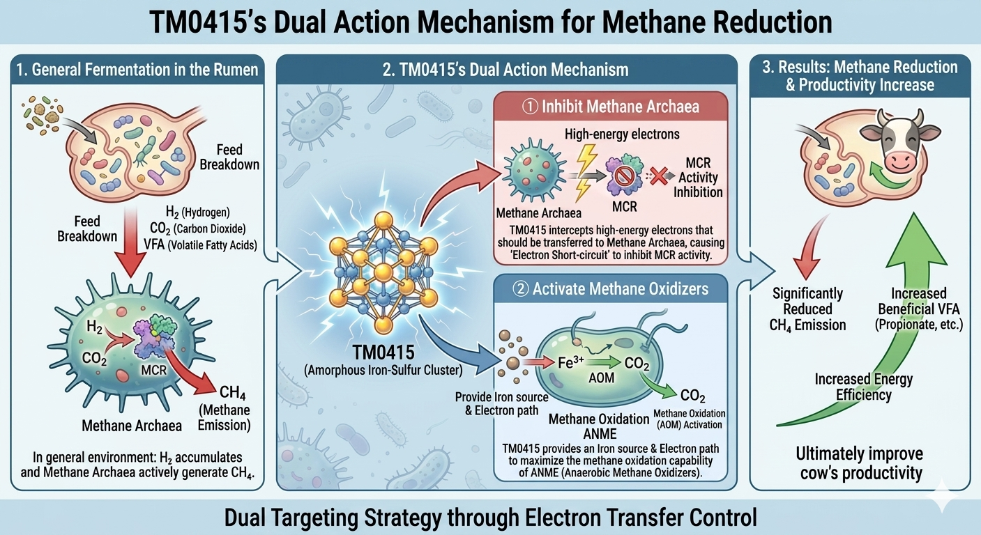TM0415's dual-action mechanism for methane reduction — inhibit methane generation, activate productive pathways