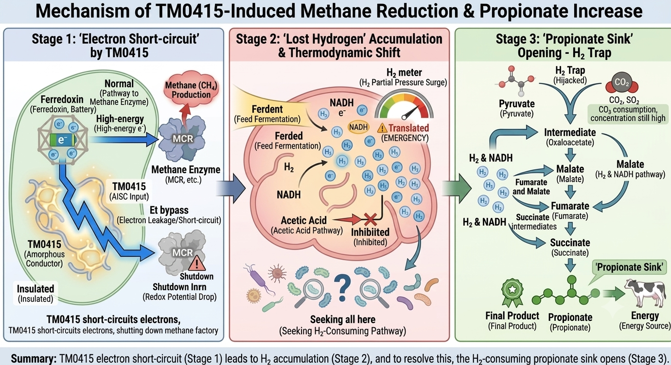 TM0415-induced methane reduction and propionate increase — 3-stage mechanism detail