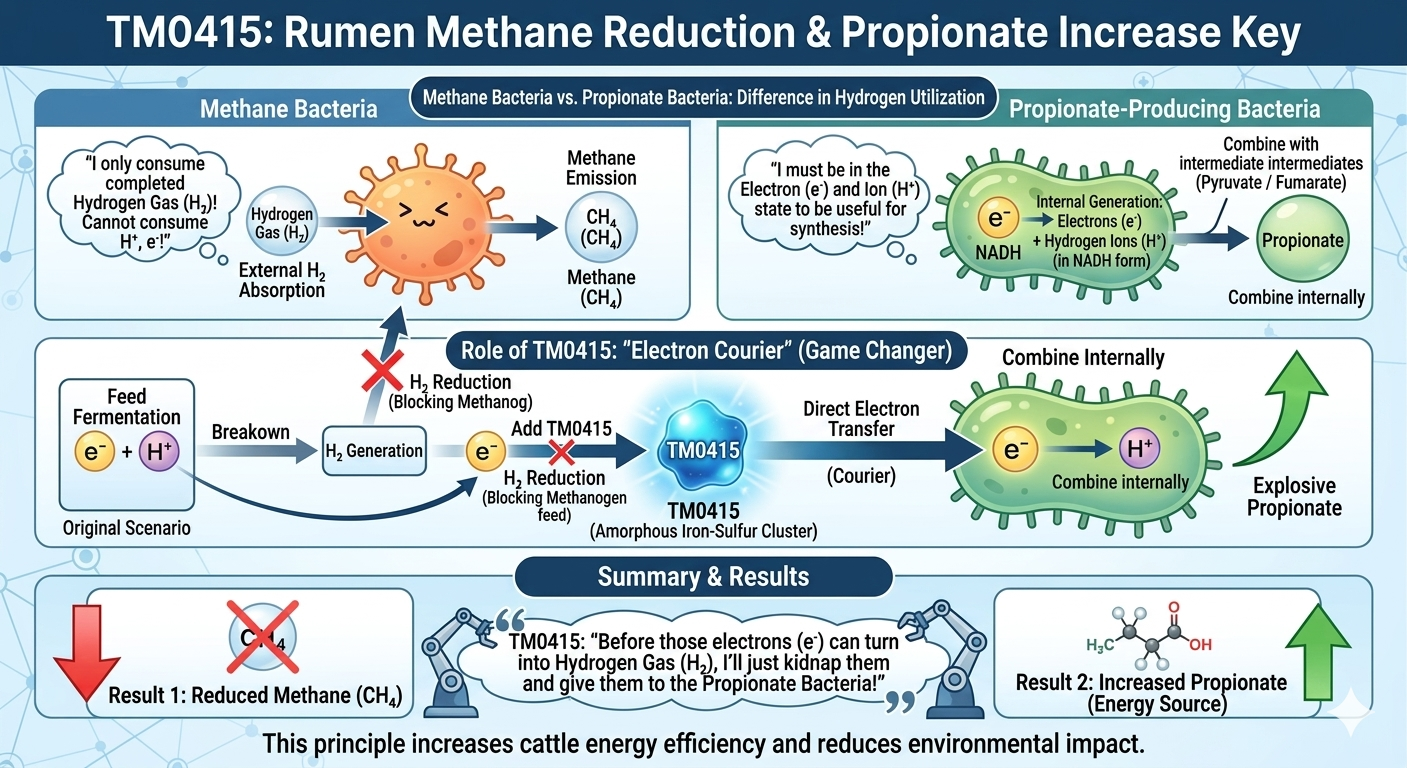 TM0415 as the key to rumen methane reduction and propionate increase