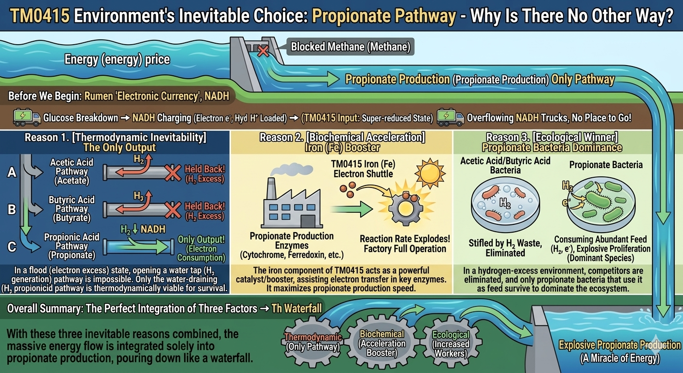 Why propionate is the only pathway — three compounding reasons the rumen ecosystem flows toward propionate production once TM0415 is active